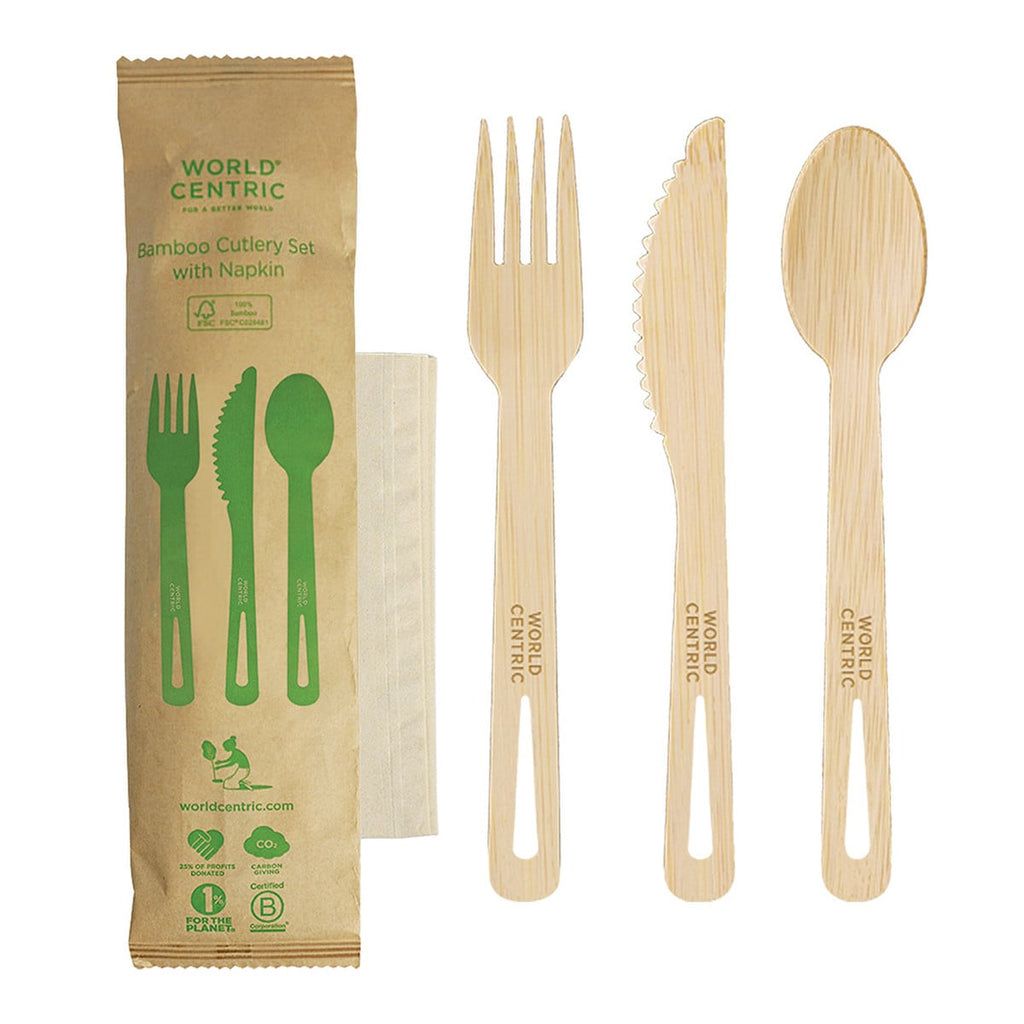 World Centric 6.7" Bamboo Cutlery Set (Fork/Knife/Spoon/Napkin) (QTY:250)