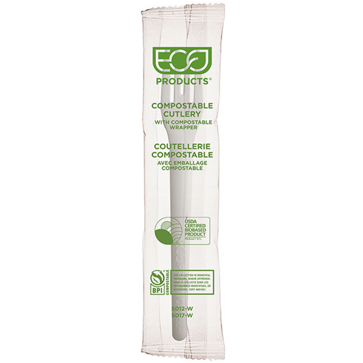 Eco-Products Plantware Renewable & Compostable Individually Wrapped Fork 6" White, Compostable Wrapper (QTY 1000), SKU EP-S012-W