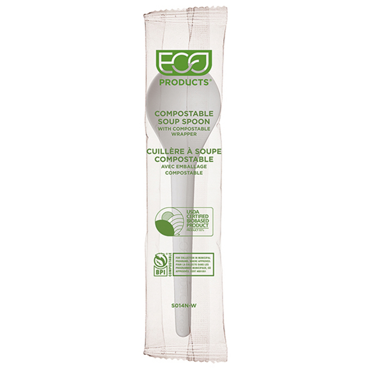 Eco-Products Plantware Renewable & Compostable Individually Wrapped Soup Spoon 6in White, Compostable Wrapper (QTY 1000), SKU EP-S014-W
