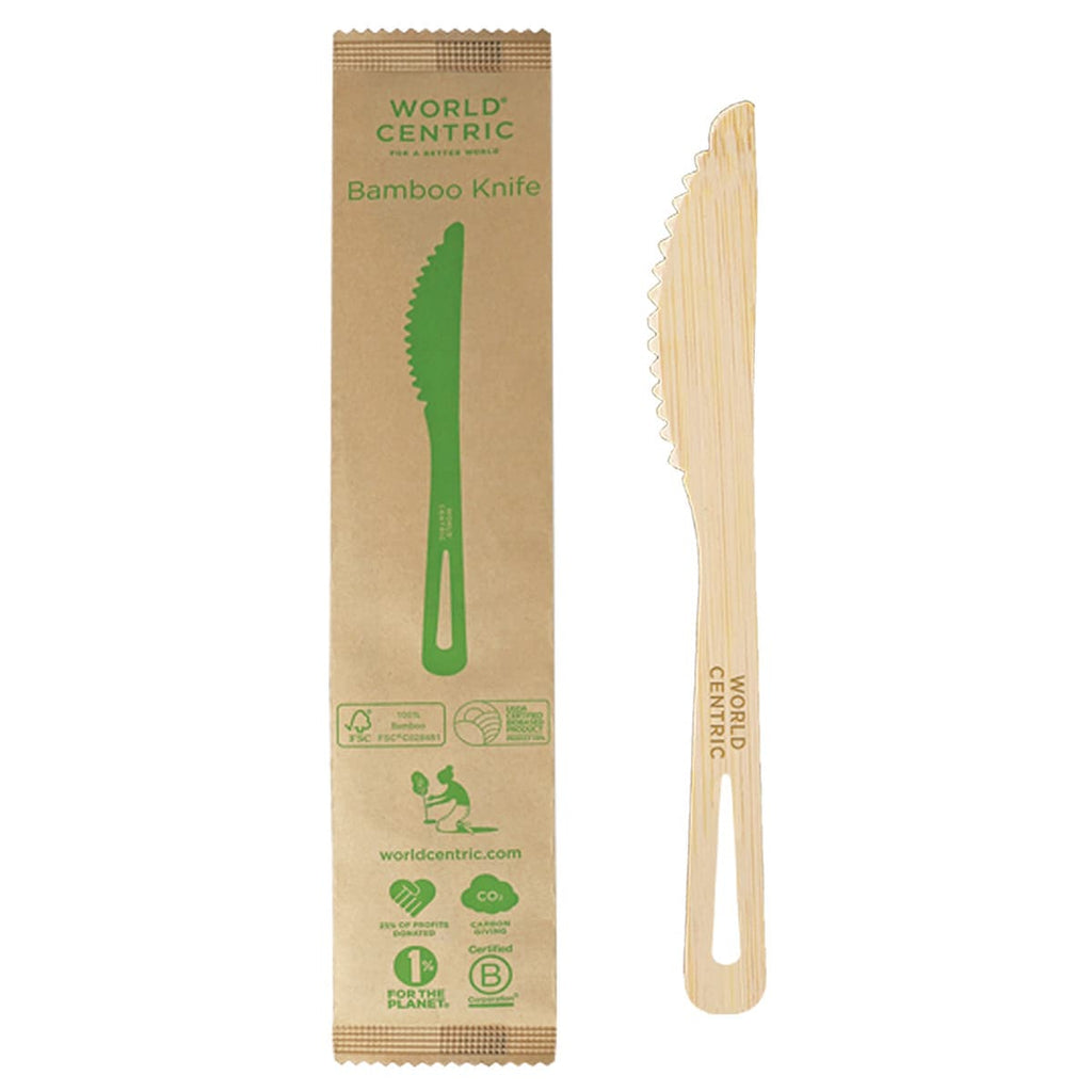 World Centric 6.7 in Bamboo Knife Individually Wrapped FSC Certified Compostable Cutlery (QTY 750), SKU KN-BB-I