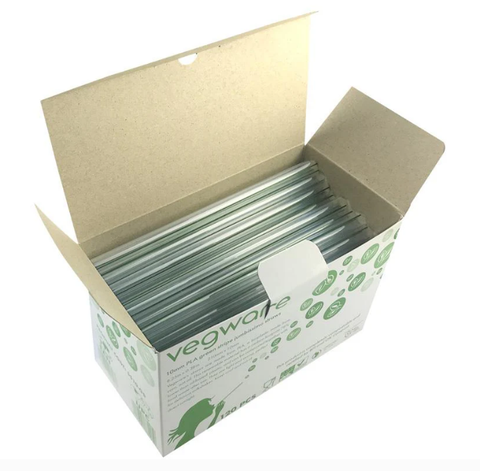 Vegware 8.25" x 10mm Compostable Jumbissimo Green Stripe PLA Boba Straw (QTY 1920), SKU SS10-GS