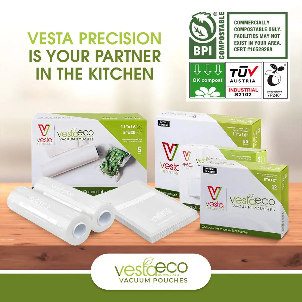 VestaEco Compostable Chamber Vacuum Seal Pouches, 8" × 12" Quart Size (QTY 100), SKU 218112