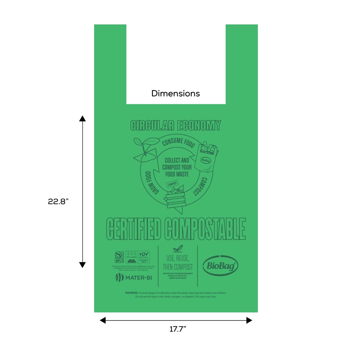 BioBag Large Compostable Shopper Bag with Handles, 17.7 x 22.8 in, 0.90 mil, Green (QTY 500), SKU LrgSHOP