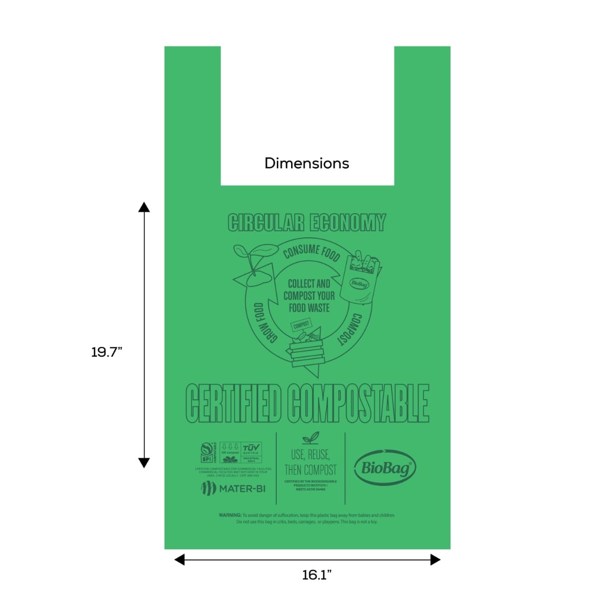 BioBag Compostable Shopping Bags with Handles 16.1x19.7in (QTY 500), SKU RegSHOP