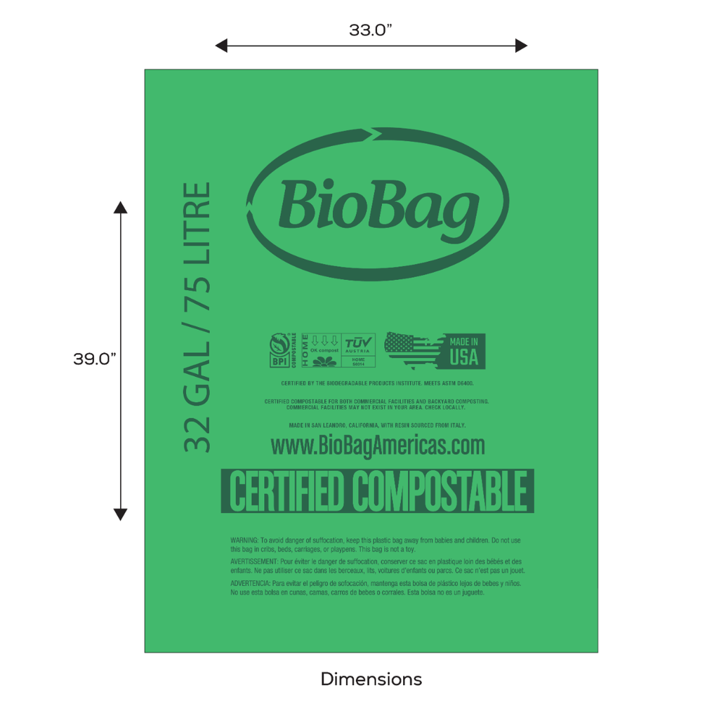 BioBag 32 Gallon Compostable Bags 33x39 (QTY 120), SKU 32G3339