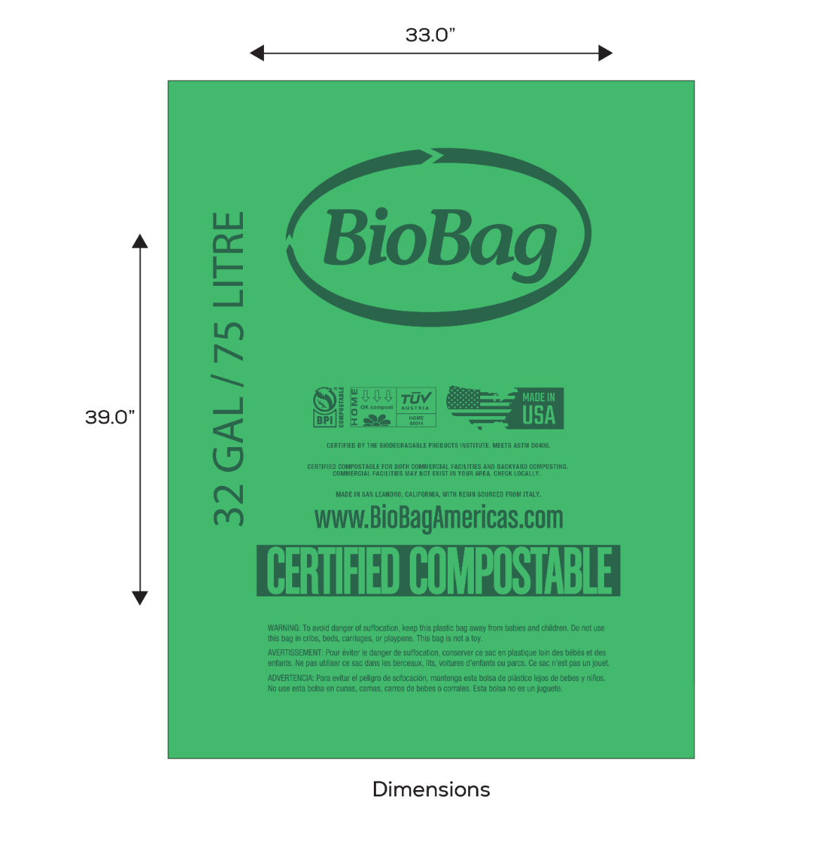 BioBag 32 Gallon Compostable Bags 33x39 (QTY 120), SKU 32G3339