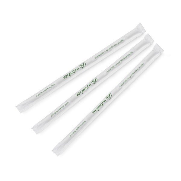 Vegware 8.25 in PLA Drinking Straw 7mm Translucent Green Stripe Individually Wrapped (QTY 3000), SKU VW-STPLA8257-GSW